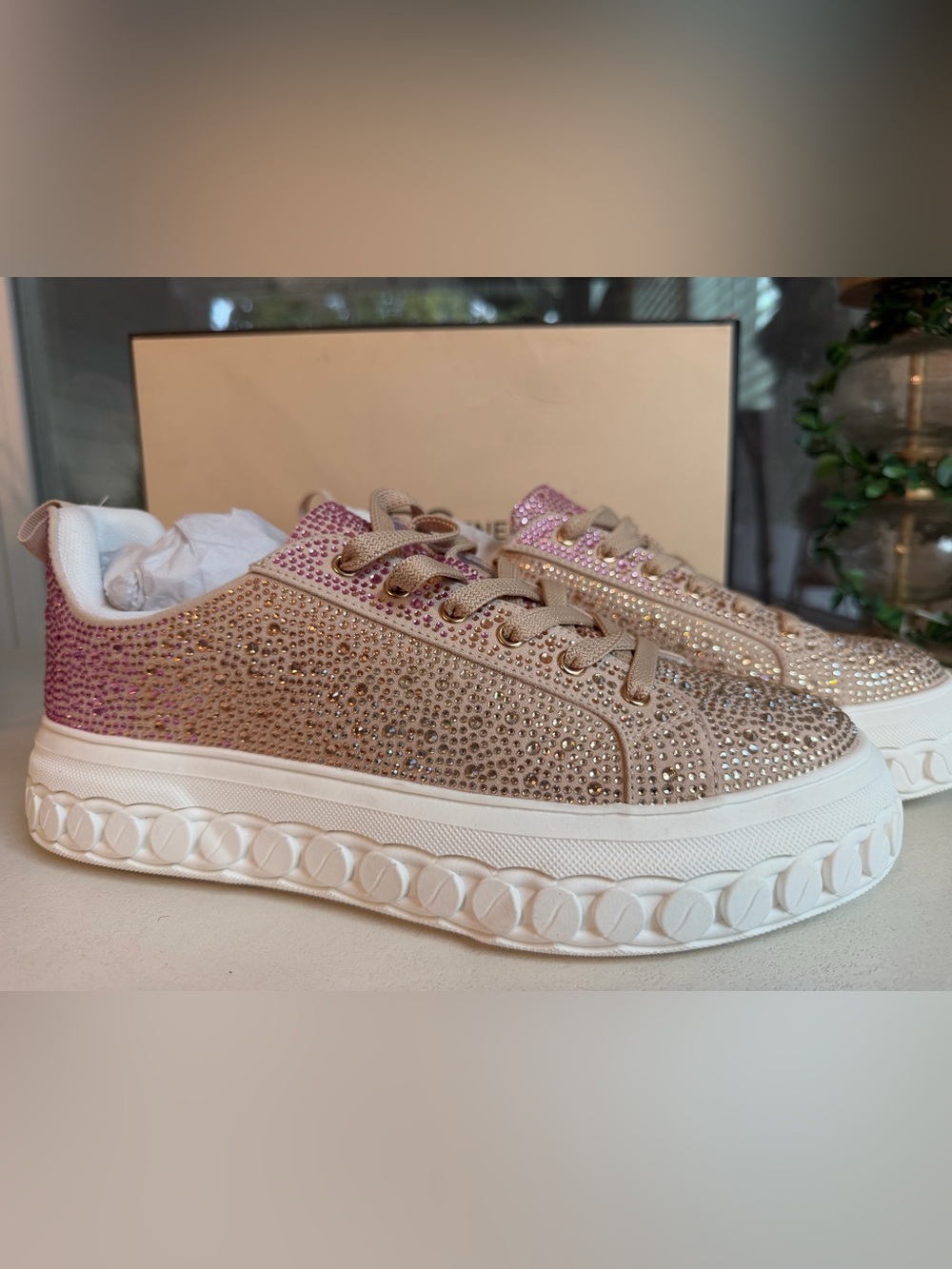 BCBGeneration Beige and Pink Ombré Rhinestone-Embellished Sneakers - 8.5
